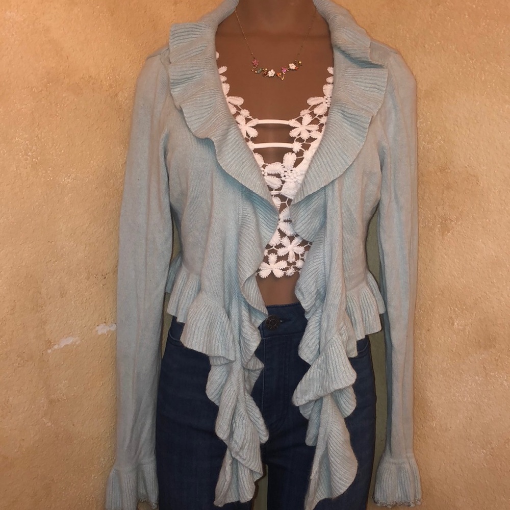 INC vintage crop ruffle waterfall open cardigan